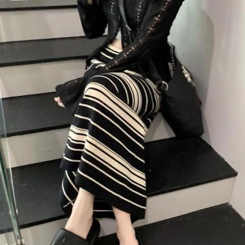 Fashion Knitted Striped A-line Skirts Female High Waisted Slimming Maxi Skirt Women Korean Streetwear Y2k Contrast Midi Skirts
