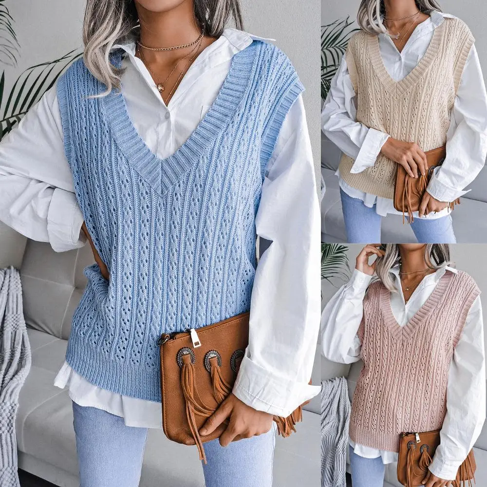 

Autumn Winter V-Ne Knitted Hollow out Twisted Casual Vest Sweater Women's Cross-Border Faion No Brand Svel Set