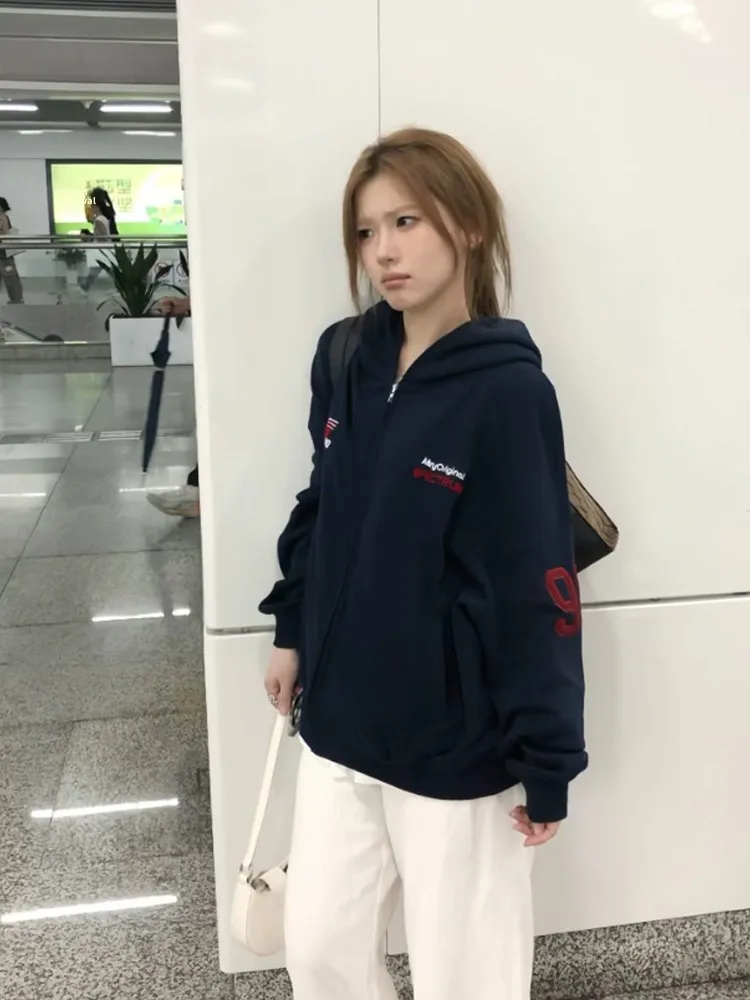 레트로 아메리칸 니트 모자 스웨트셔츠 여성용 봄 가을 신상 오버사이즈 하이 스트리트 커플 코트 자수 긴팔