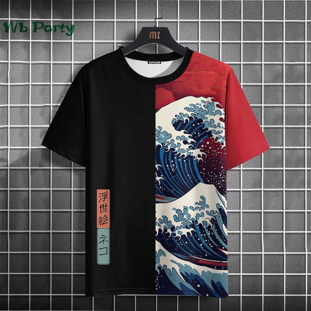 Japanese Style Men\'s T-shirt Ukiyo-E Sea Wave Pattern Printing Men T-shirt Simple Print Male T-shirt O-Neck Men\'s Summer Clothes