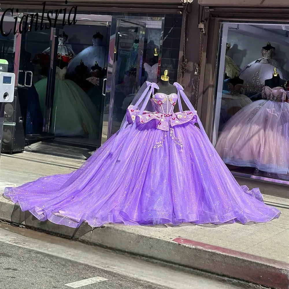 CAN ac-Robes de Quinceanera à bretelles spaghetti avec rubans à nœud, robe de Rhà volants, appliques florales, corset en dentelle, robe éducative, 15 ans