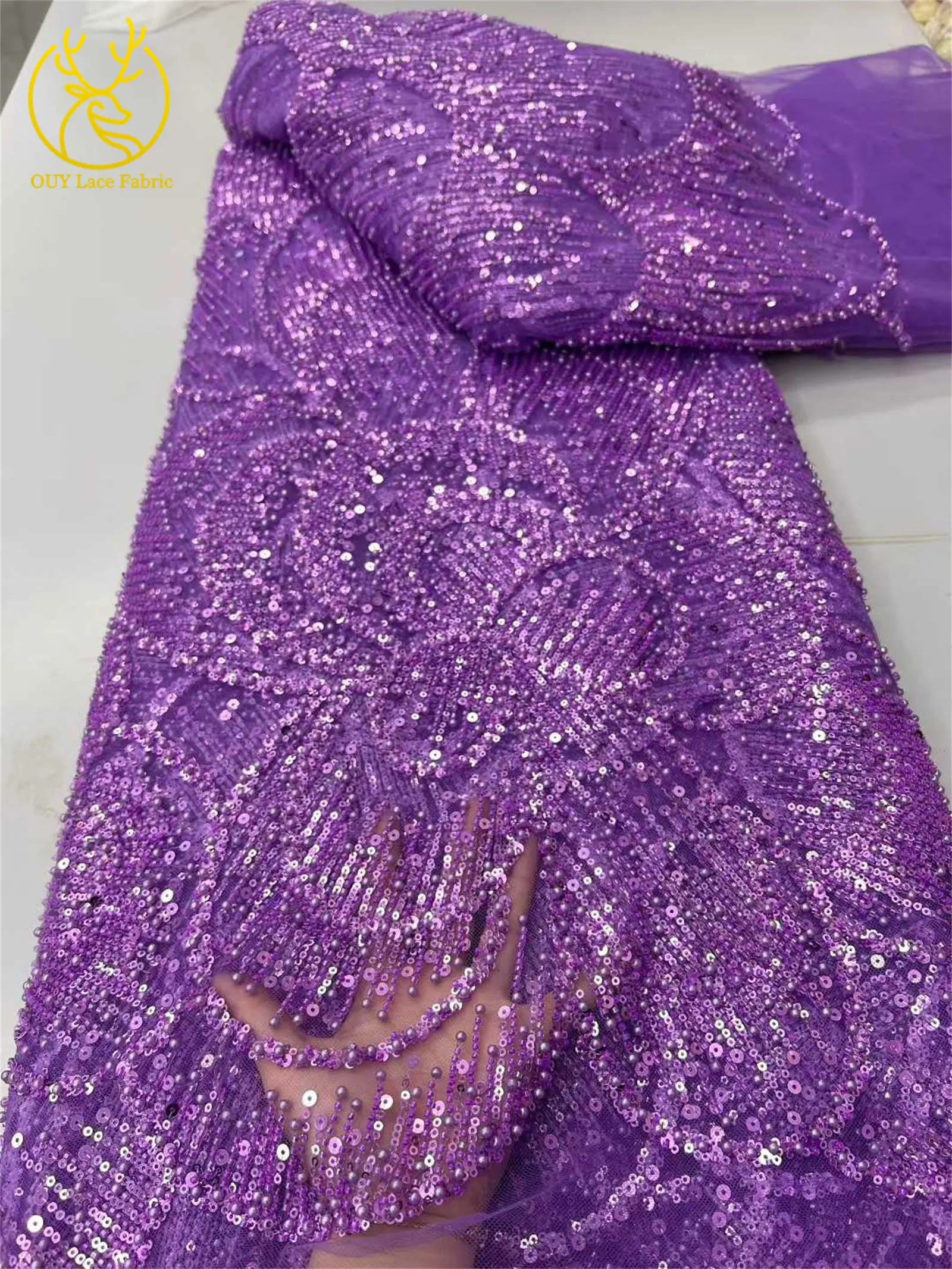 Marineblauer Luxus Hochwertiger Bestickter Perlen-Pailletten-Spitzenstoff Modischer Französischer Tüll-Netzstoff für Party und Hochzeit – Detail 13