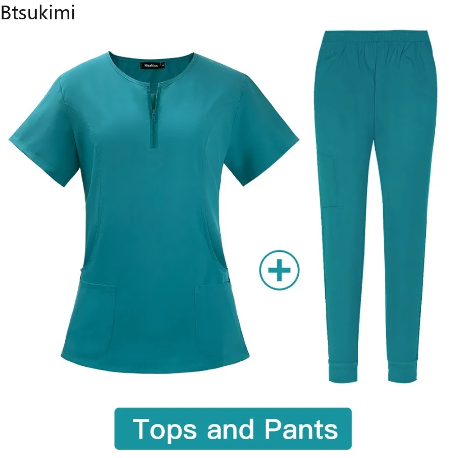 New Medical Surgical Uniforms Woman Scrub Set Beauty Salon Workwear Clinical Scrubs Top Pocket Pants Vet Doctor Zip Nursing Suit - view 4