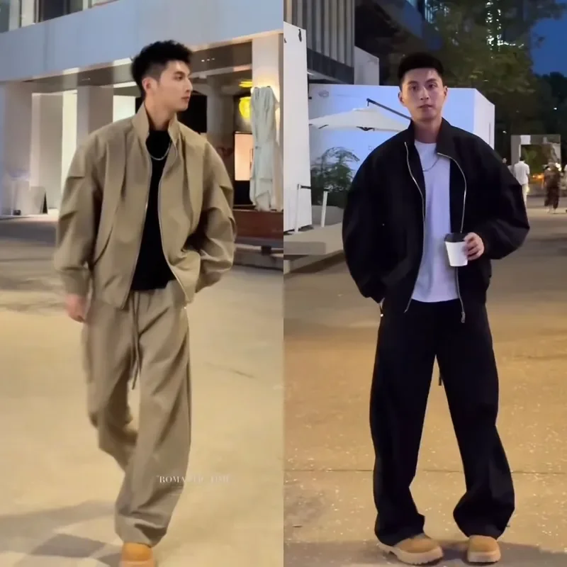 Men 2 Piece Outfit Set Stand Collar Zip Jacket Wide Leg Pants Solid Color Loose Casual Tracksuit Autumn Streetwear 2 Colors