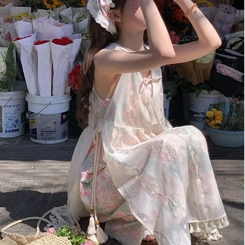 Conjunto feminino verão novo casual flor impresso vestido estilingue + renda borla cobrir camisa conjunto de duas peças para mulher zt433