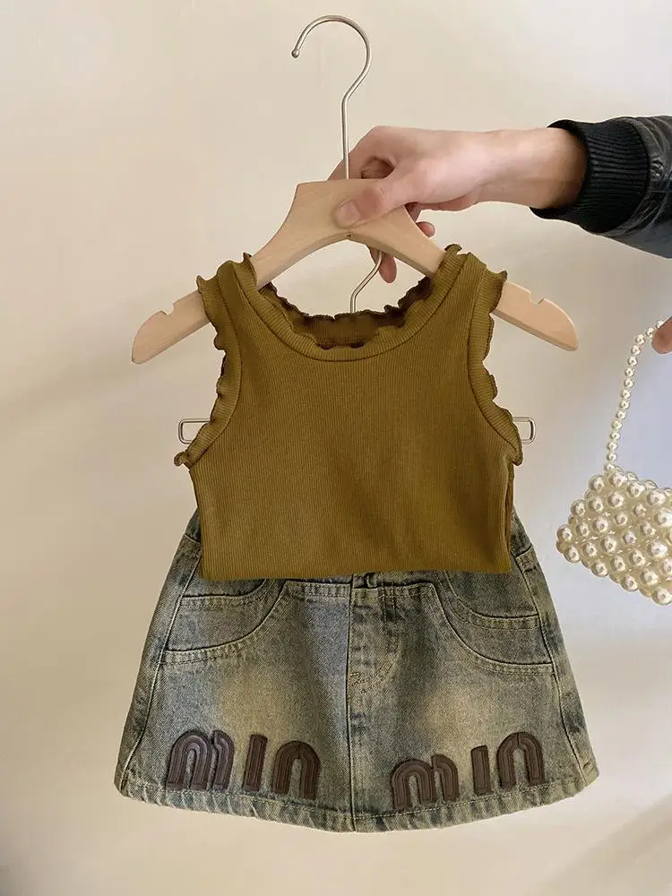 Mädchen bekleidung Set Sommer Mädchen Baby gestrickt Tank Top Letter Top Jeans rock zweiteiliges Set für Kinder