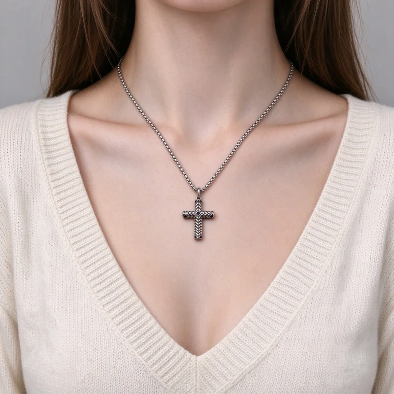 Chevron Cross Pendant Necklace for Men Women, Silver Crucifix with Herringbone Texture and Black CZ on Four Ends, Thick Box Chain, 50+5cm, Religious Faith Fashion Jewelry, High Quality Alloy Hypoallergenic Durable Polished, Gift for Him Her Birthday Gift