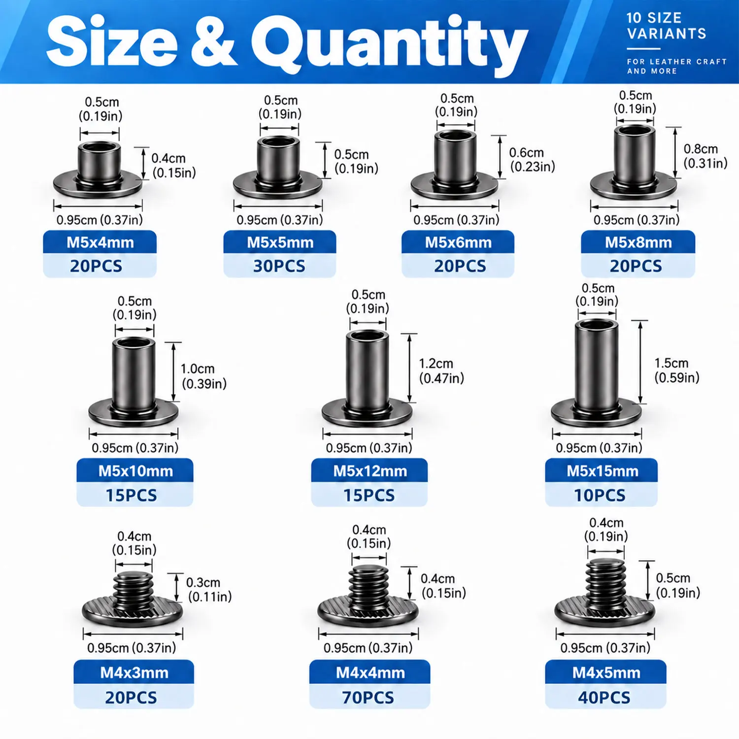 260 Pcs 130 Sets Chicago Screws for Leather 7 Sizes Gunmetal Black Screw Rivets for Belts Bags Wallets Bookbinding DIY Crafts