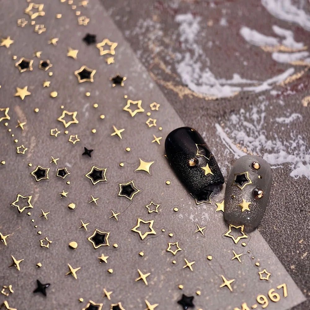 골드 브론 징 스타 네일 스티커 5D 블랙 스타 중공 네일 스티커 데칼 금박 다섯개 Parrten 디자인 네일 슬라이더 장식