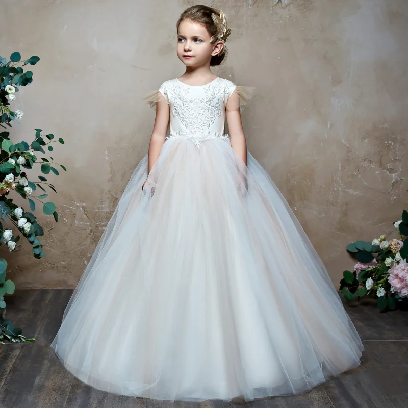 

Flower Girl Dresses Champagne Tulle White Lace Applique With Bow Sleeveless For Wedding Birthday Pageant Party Princess Gowns