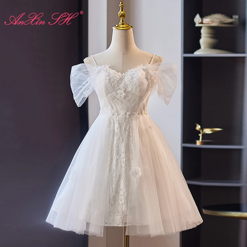 AnXin SH-Vestido corto de noche de princesa, con tirantes finos de encaje vestido blanco, cuentas, pequeñas flores, ilusión