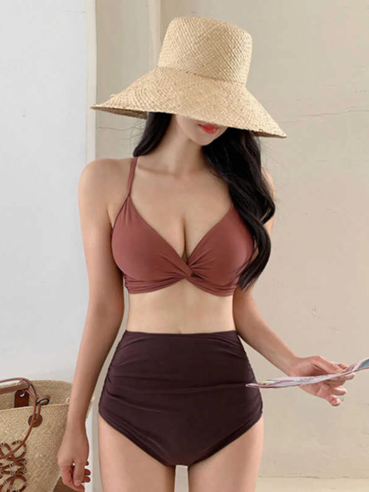 

Женский раздельный купальник с высокой талией для термальных источников, скрывающий живот, с эффектом похудения, сексуальный и консервативный дизайн