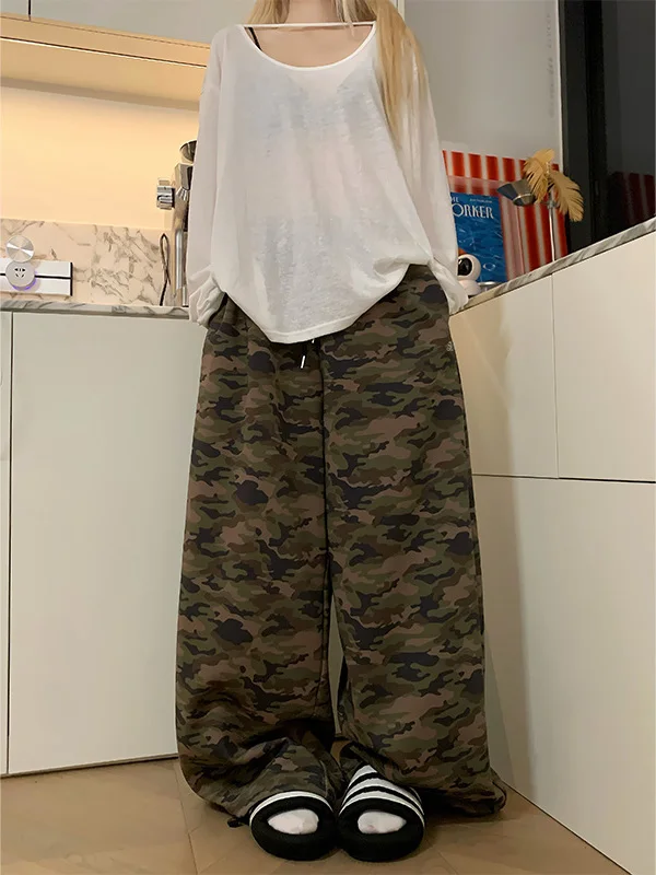 

American Retro Dstring Wide Leg Camouflage Pants Loose Casual Straight Leg Floor-Length Trousers for Men And Women