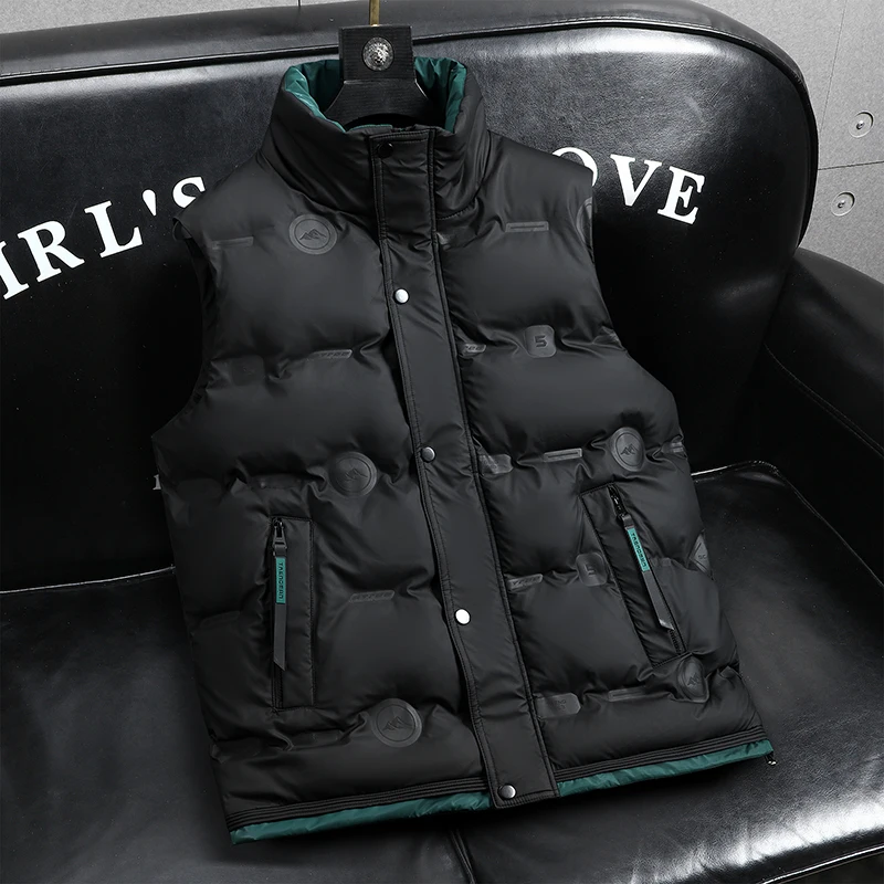

Thiened down Cotton Vest Men's Autumn Winter Warm Stand Collar Jaet Youth Faion Polyester Fiber Winter Coat Pure Color