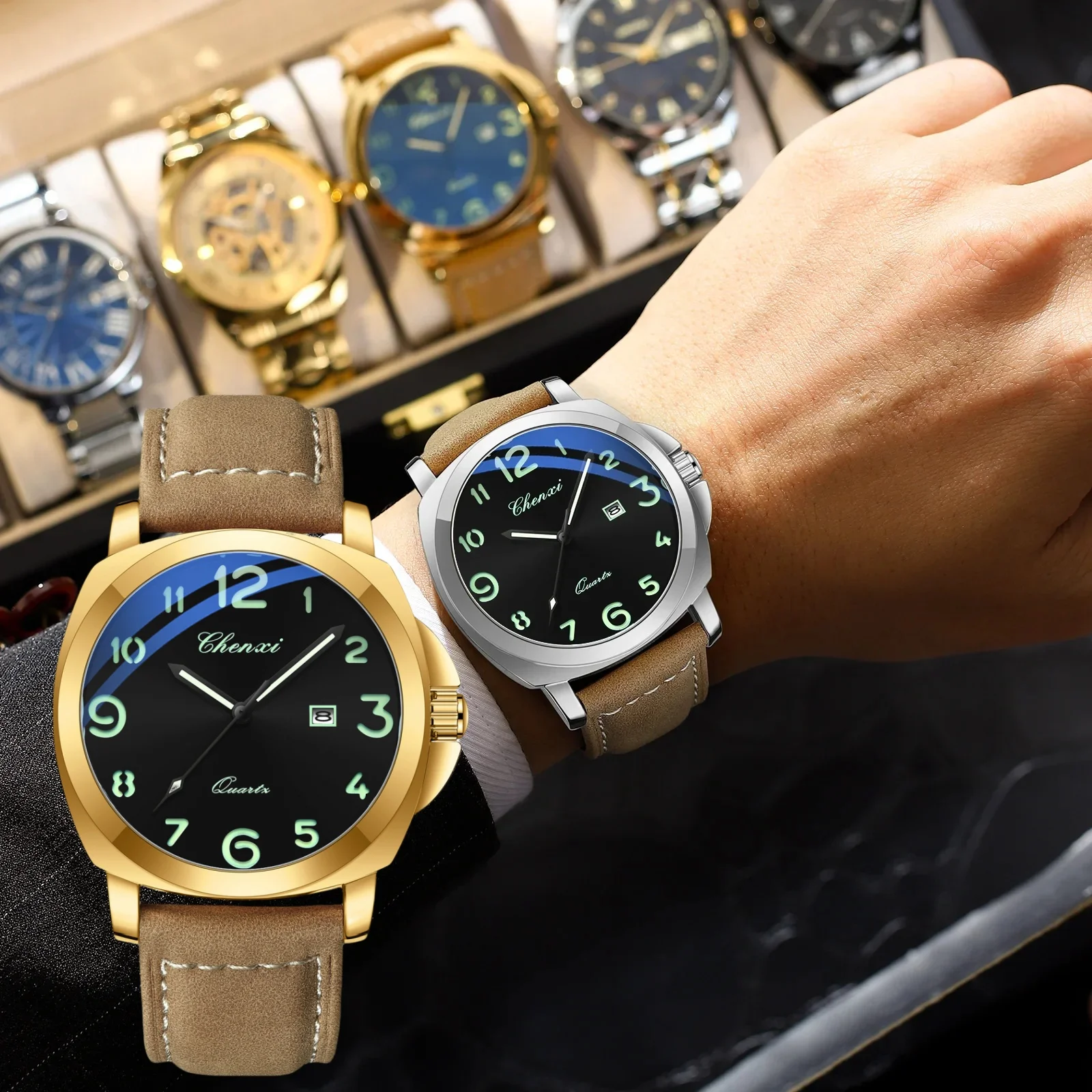 

CHENXI 8254 модные кварцевые мужские часы с большим циферблатом и календарем, водонепроницаемые светящиеся кожаные часы для мужчин, Relogios Masculino