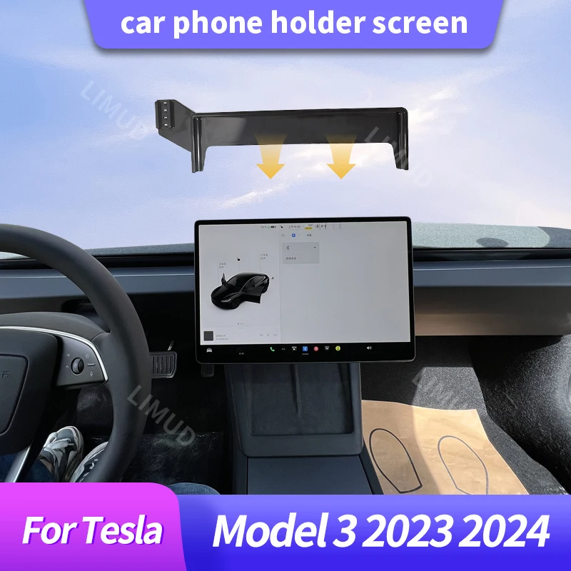 Auto-Handyhalterung für Tesla Model 3 2023 2024 – Bildschirmfixierte Halterung mit GPS-Halterung und kabelloser Ladefunktion für Mobiltelefone.