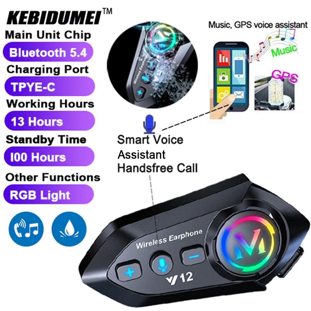 

Bluetooth-гарнитура для мотоциклетного шлема BT5.4, громкая связь, беспроводные водонепроницаемые наушники с шумоподавлением и RGB подсветкой