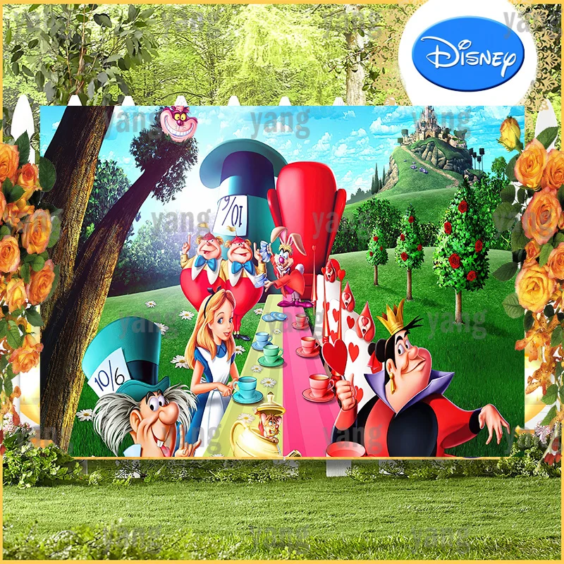 การ์ตูนดิสนีย์เจ้าหญิงเด็กผู้หญิงฉากหลังกลางแจ้ง Happy เอลฟ์ Dinner Party ตกแต่ง Alice In Wonderland พื้นหลังแบนเนอร์