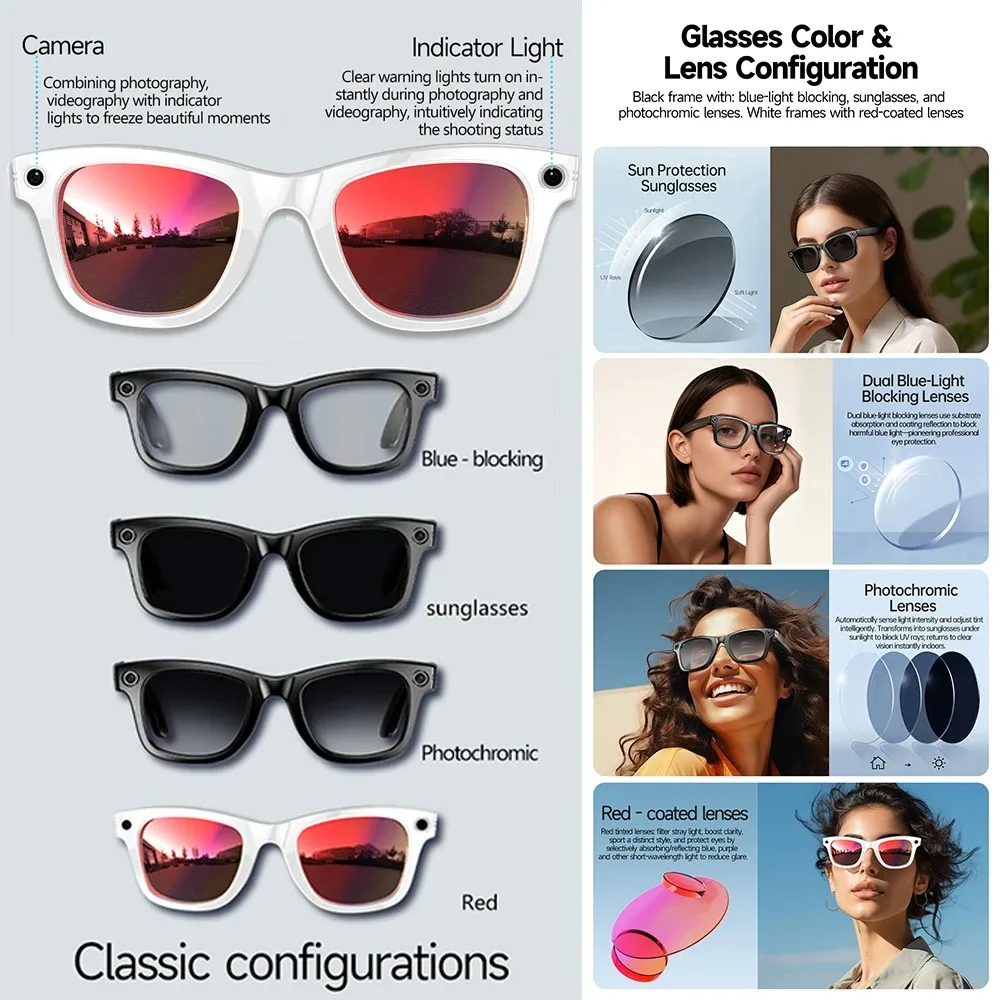 2026 800W 4K UHD Camera Smart AI Glasses Recording Videos Photo Recognition Al Voice Translation 270mAh Bluetooth Smart Glasses