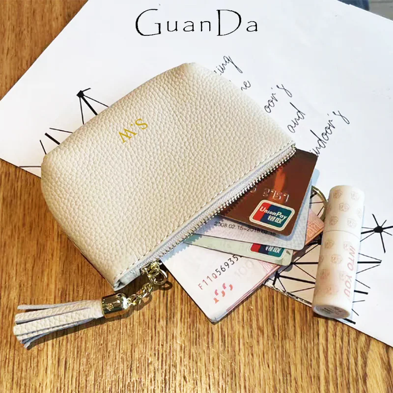 Custom Initials Leisurely Fashion Cowhide Purse Woman Key Ring Personalized Mini Card Holder Portable Practical Luxury Wallet