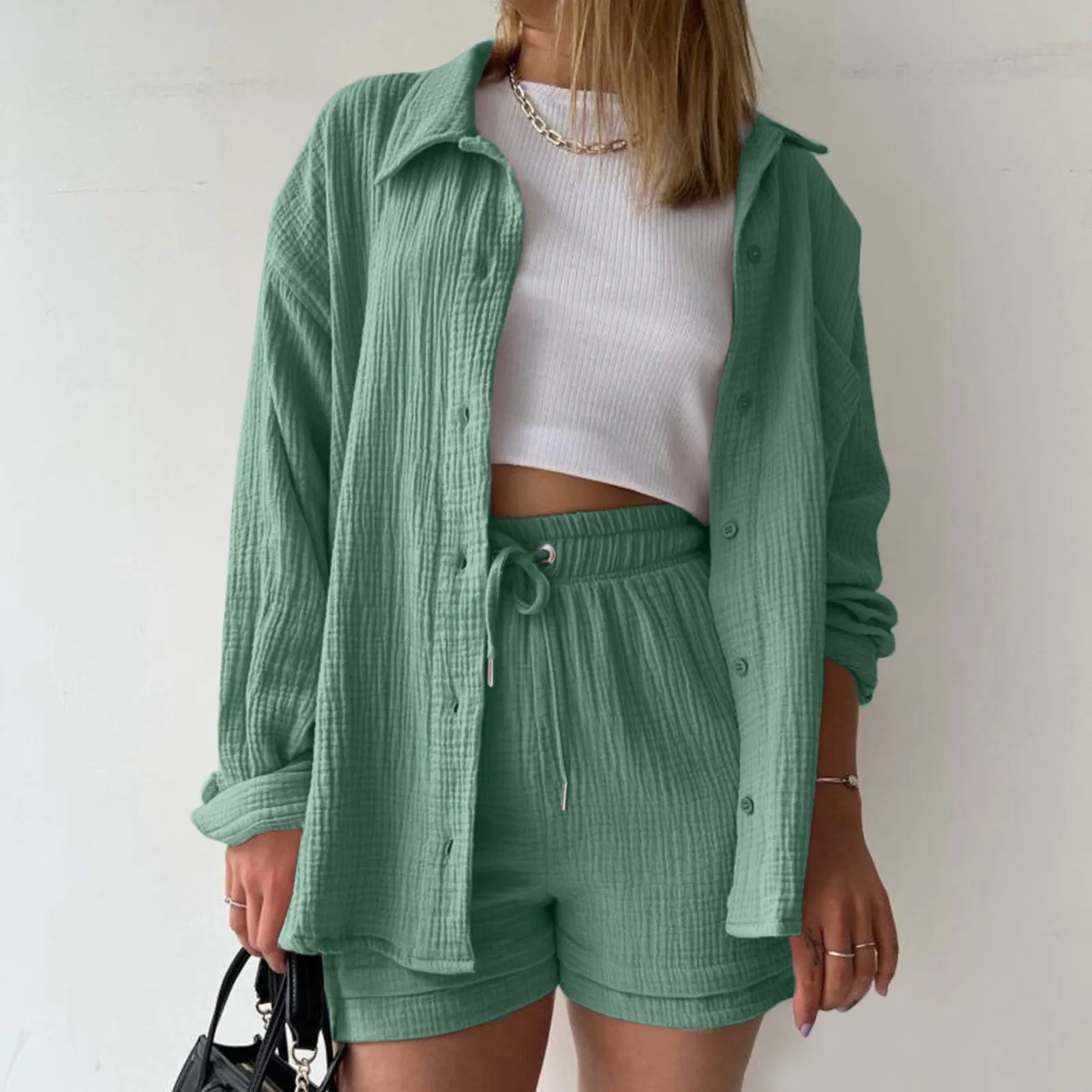 Summer Women Shorts 2 Piece Suit Long Sleeve Lapel Button Up Shirts+High Waist Drawstring Sport Casual Wide Leg Short Pants Sets