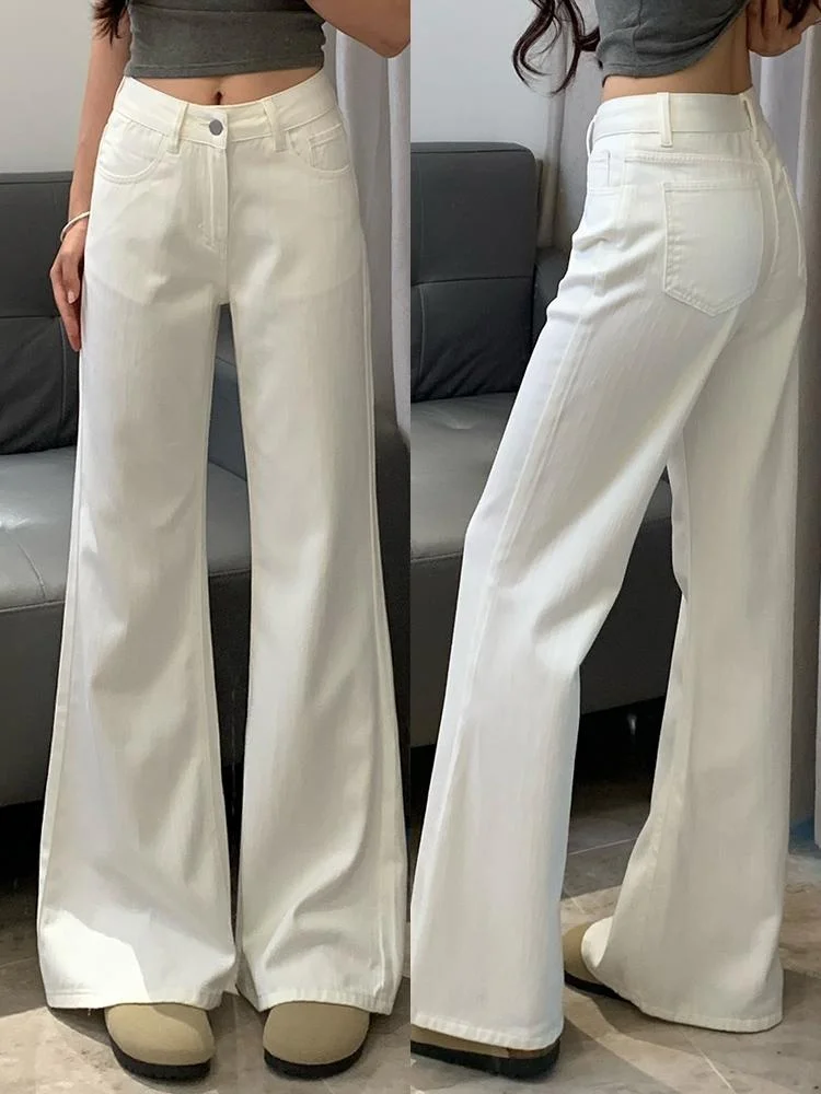 

White Fleece Lined Flared Jeans Women's High Waist Elastic plus Size Slimming Bootcut Pants Casual Winter Comfortable Breathable