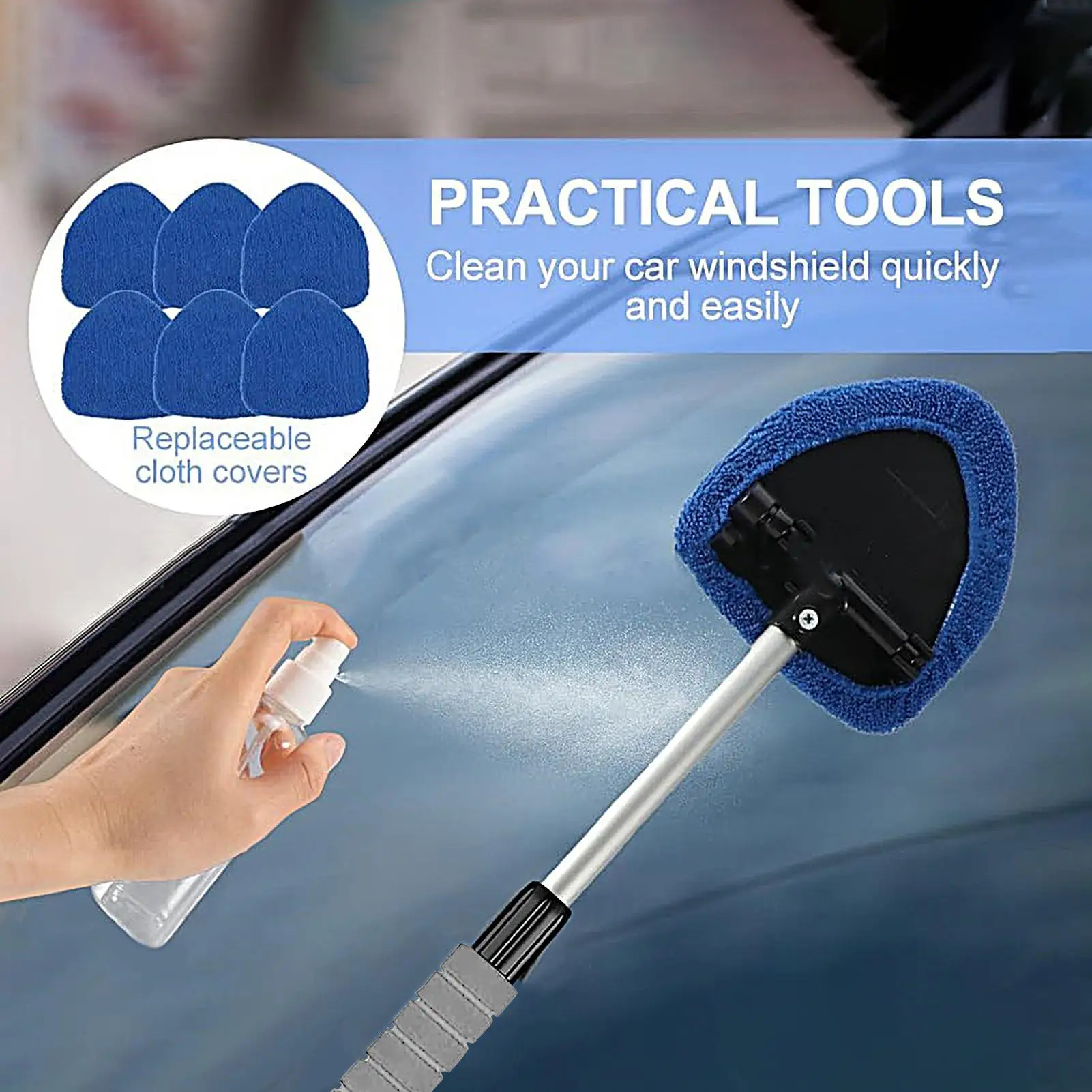 Herramienta de limpieza de parabrisas, kit de limpieza de ventanas de coche de 6 piezas, mango retráctil, mopa desempañadora de fibra de vidrio para cristales de automóviles