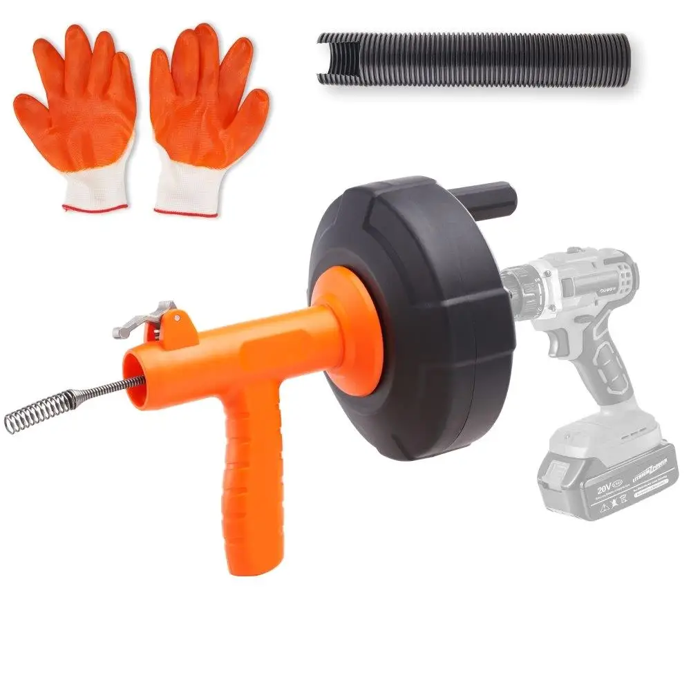 

25FT Drain Auger Auto Feed Plumbers Snake with Drill Attachment for kitchen Bathroom Shower Sink and Protective Hose Gloves