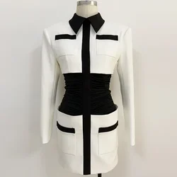 2023 HIGH QUALITY Newest Designer Dress Women's Long Sleeve Pockets Color Block Smocked Waist Patchwork Dress