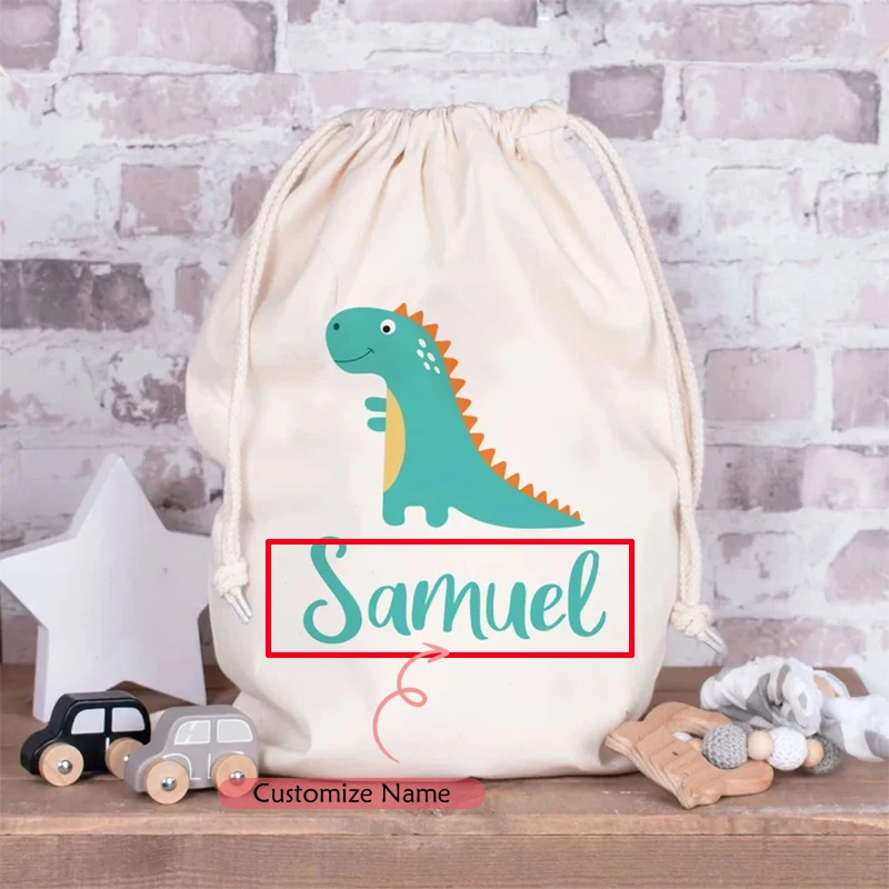 Bolsa de juguete de dinosaurio con nombre personalizado, bolsa de regalo de Navidad para fiesta de cumpleaños, baby shower, almacenamiento para