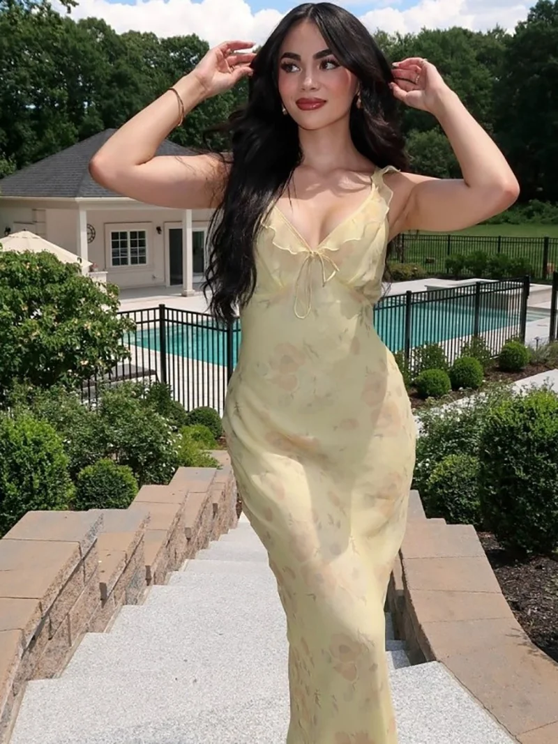 

Retro V Neck Dresses Yellow Sleeveless Flower Print Maxi Long Dress Elegant High Waist Female Holiday Party Vestidos