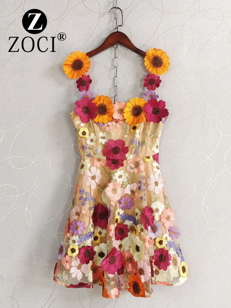 [ZOCI] Australian Girl's Style Colorful Flower Embroidery Sweet Vacation Suspender Mesh Dress