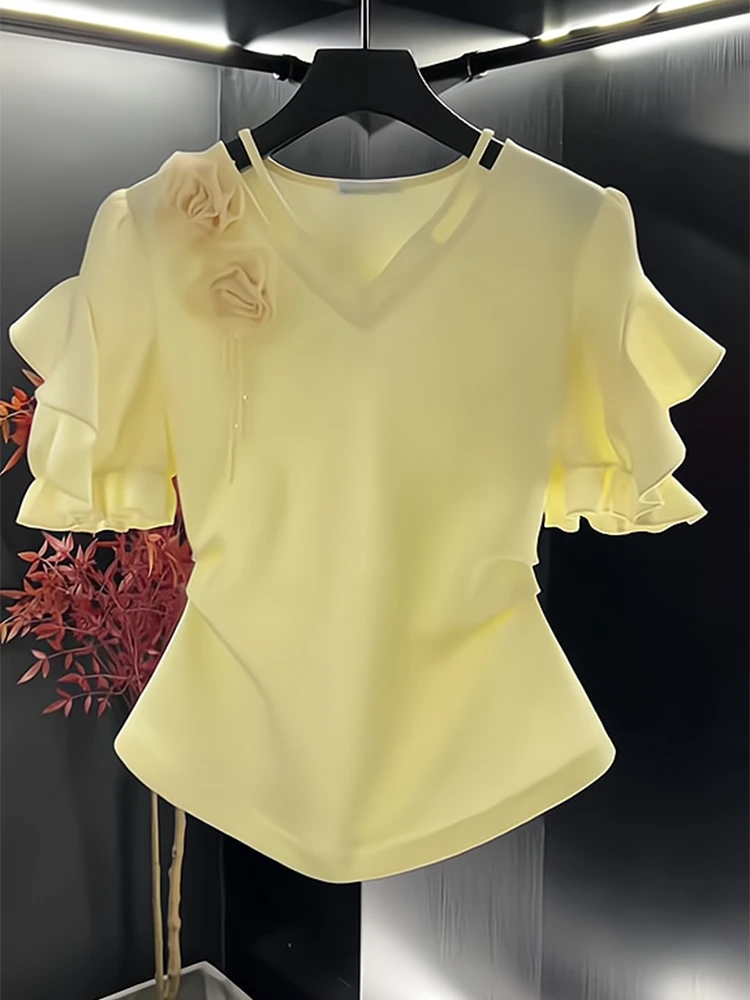 

Elegant Sweet 3D Flower T-shirt for Women 2025 Summer New V-neck Hollow Out Tops Mujer Y2k Puff Sleeve Slim Waist Tee Shirt