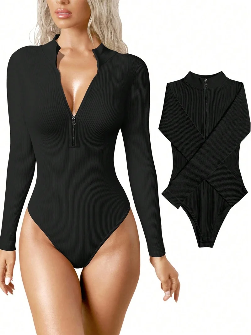 Women's Bodysuits Sexy Ribbed One Piece Zip Front Long Sleeve Tops Bodysuits