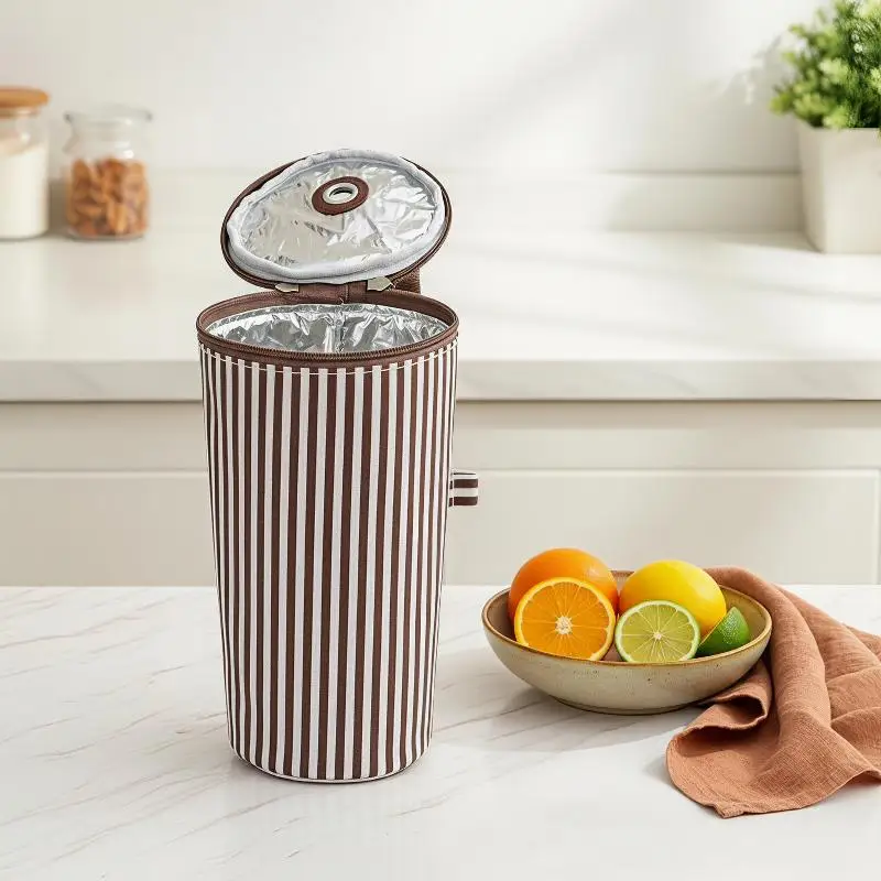 Striped Insulated Water Bottle Bag with Handle Thermal Lining Lightweight Tumbler Holder for Commuting
