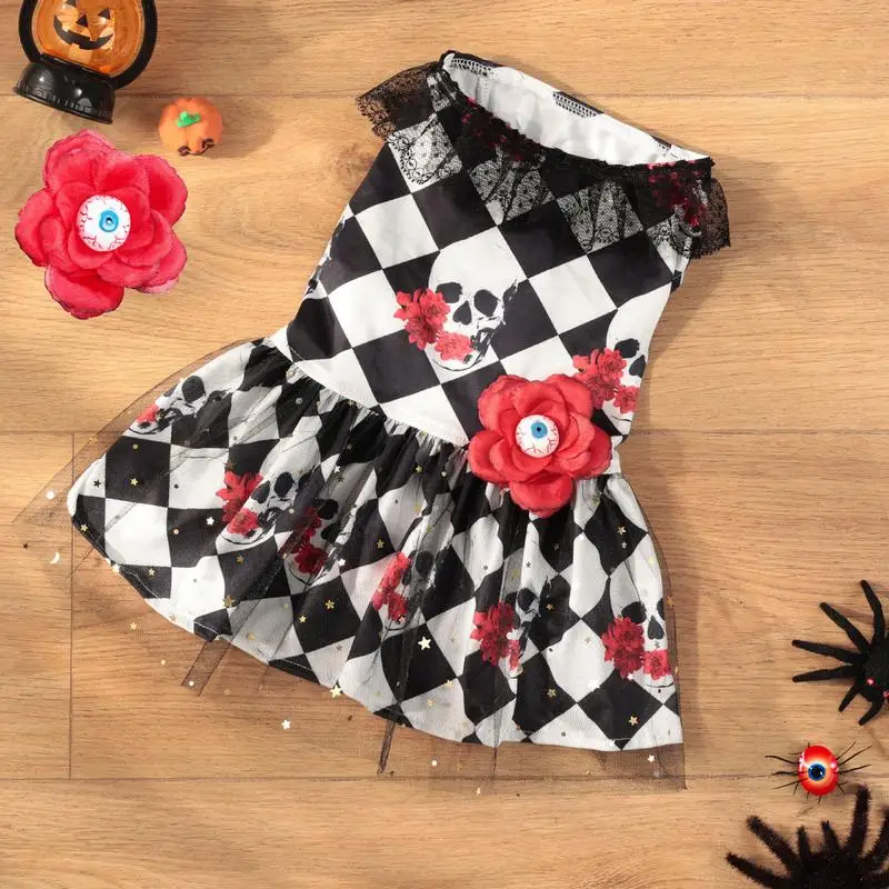 Halloween Dress For Dogs Skull Pattern Lace Skirt Tutu With Eye Flower Pet Costume For Small Medium Dogs Dress Up Accessories