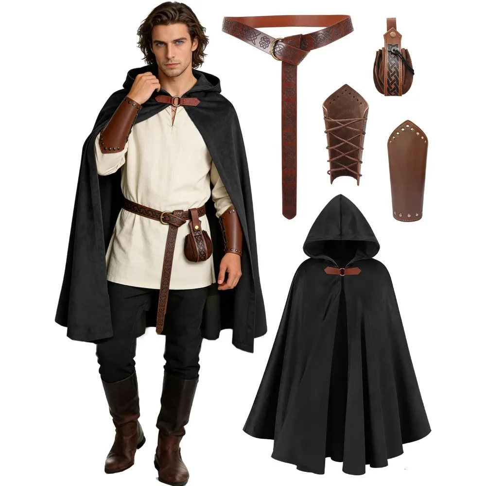 

Плащ с капюшоном в стиле Ренессанс, средневековый костюм, аксессуары для мужчин и женщин, накидка на Хэллоуин, пояс, сумка, наручи