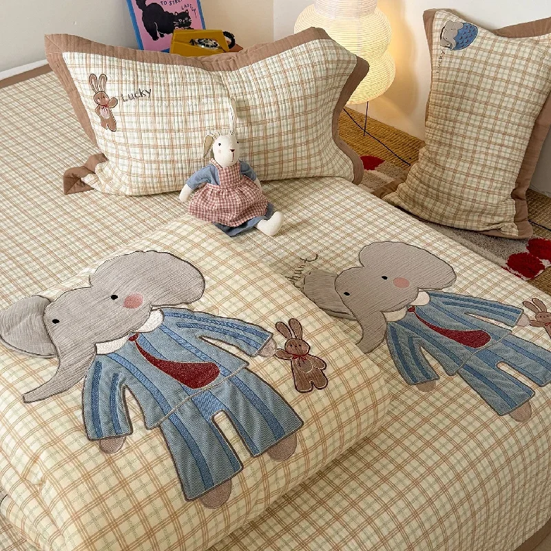Fairy Tale 3D Applique Embroidery Quilt Set, Cotton Cartoon Kids Bedding, 3-Piece Children's Bedspread Coverlet with Pillowcases