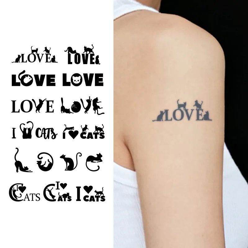 Ich liebe Katzen Temporäres Tattoo, Kräutersaft Semi-Permanent Wasserfest, Kleines Sexy Realistisches Fake-Arm-Tattoo