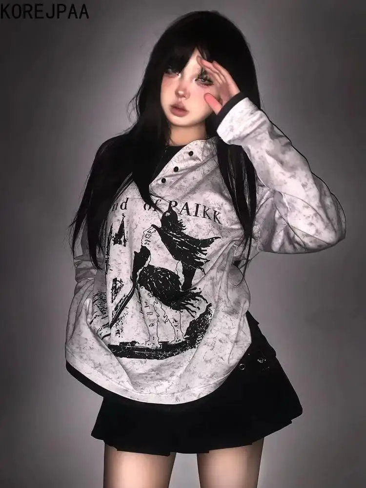 

Korejpaa Street Casual Printed Hoodies 2025 Spring New Fake Two Piece V Neck Bottom Y2k Clothes Outwear Sweatshirts Tops
