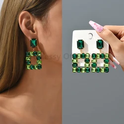 Hot Pink Glass Square Dangle Earrings For Women Luxury Piercing Big Pendientes Fantasy Wedding Party Graduation Vintage Jewelry