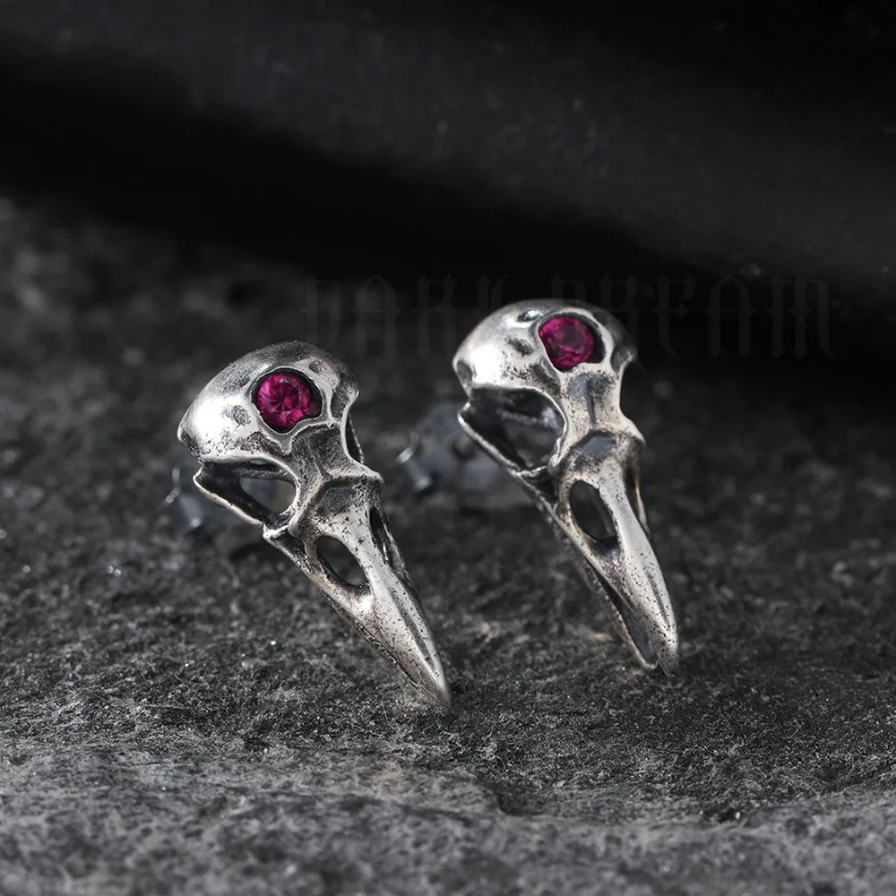 1 Pair Retro 925 Sterling Silver Purple Zircon Stud Earrings Three-eyed Crow Head Skull Ear Accessory Personalized Jewelry