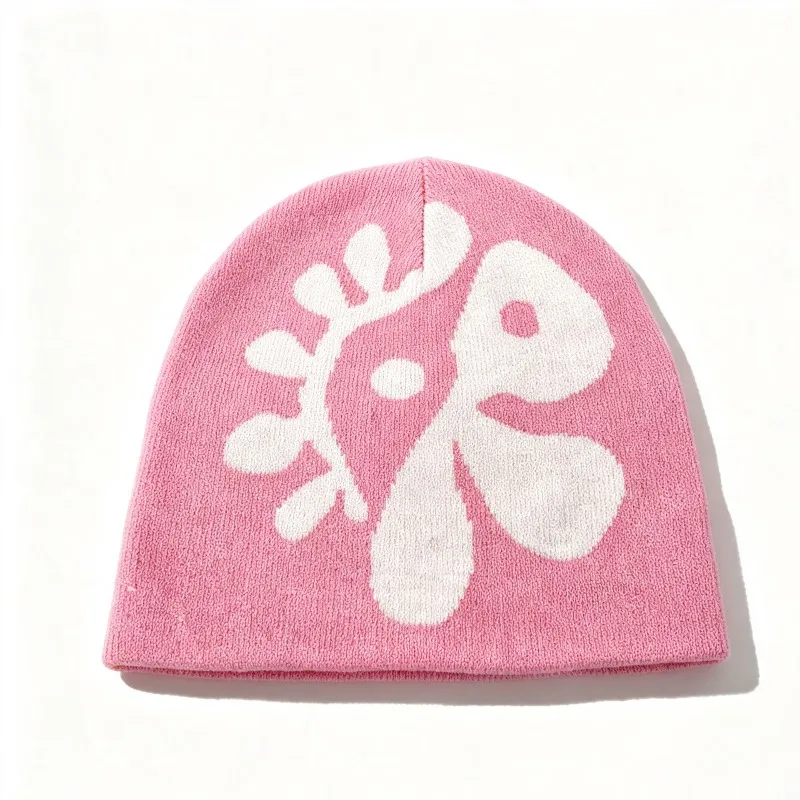 1 Stück Damen Blumenmuster Strickmütze Blumen-Jacquard Skullcap Weiche Dehnbare Warme Gemütliche Kopfbedeckung für Herbst Winter Casual Street Outfits – Detail 10