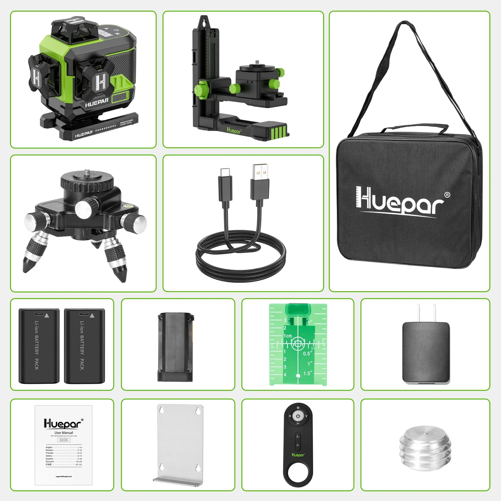 Huepar 4D 16 linee livello Laser a linee incrociate Z04CG schermo LCD Bluetooth e telecomando Osram Green Beam con 2x batterie agli ioni di litio