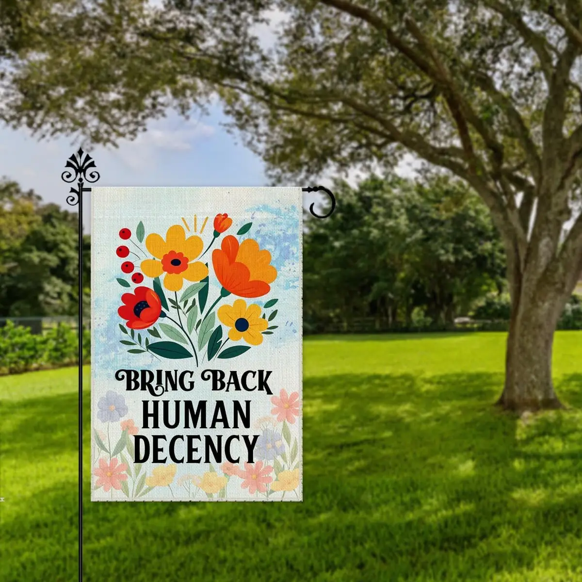 Hafhue Bring Back Human Decency Garden Flag, 12 x 18 Inch Double Sided Watercolor Flower Yard Garden Lawn Patio Court Decor  ZZM
