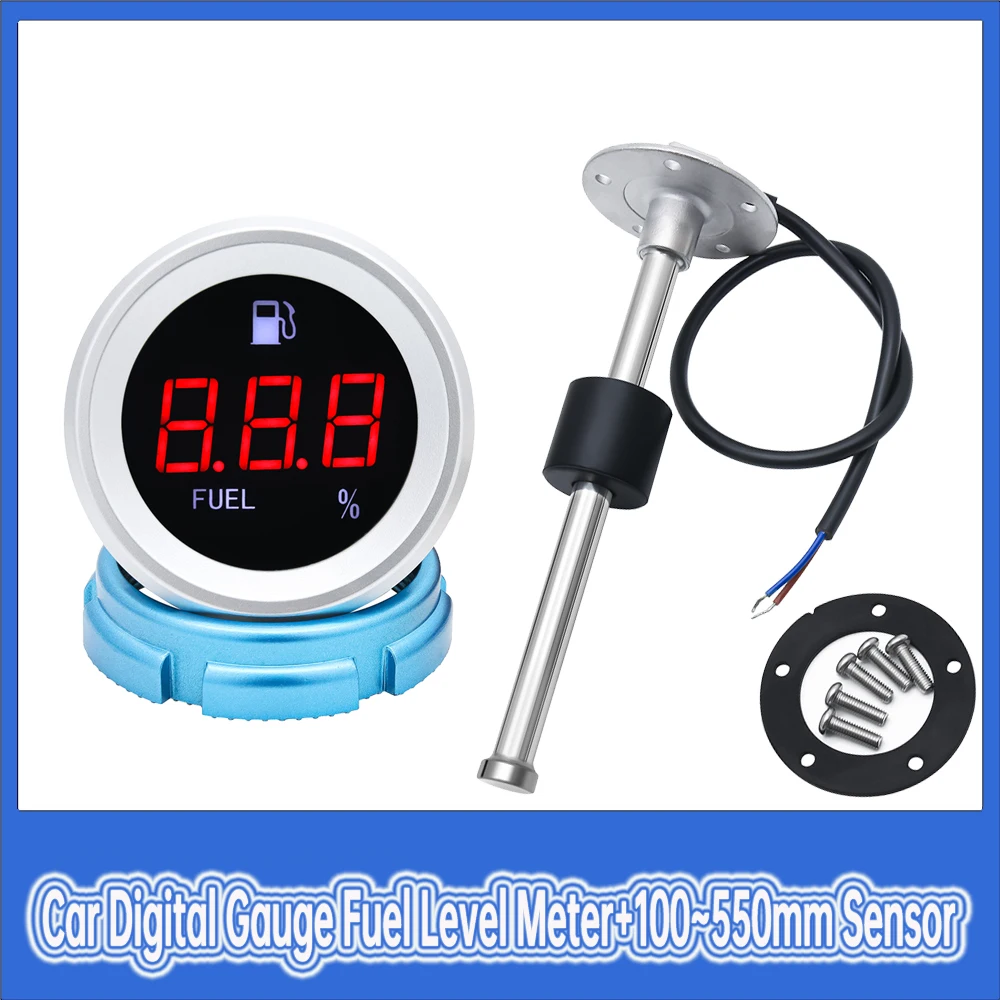 Car Digital Gauge Fuel Level Meter+100~550mm Sensor 0-190ohm Fuel indicator Red Backlight with Flashing Alarm for car boat