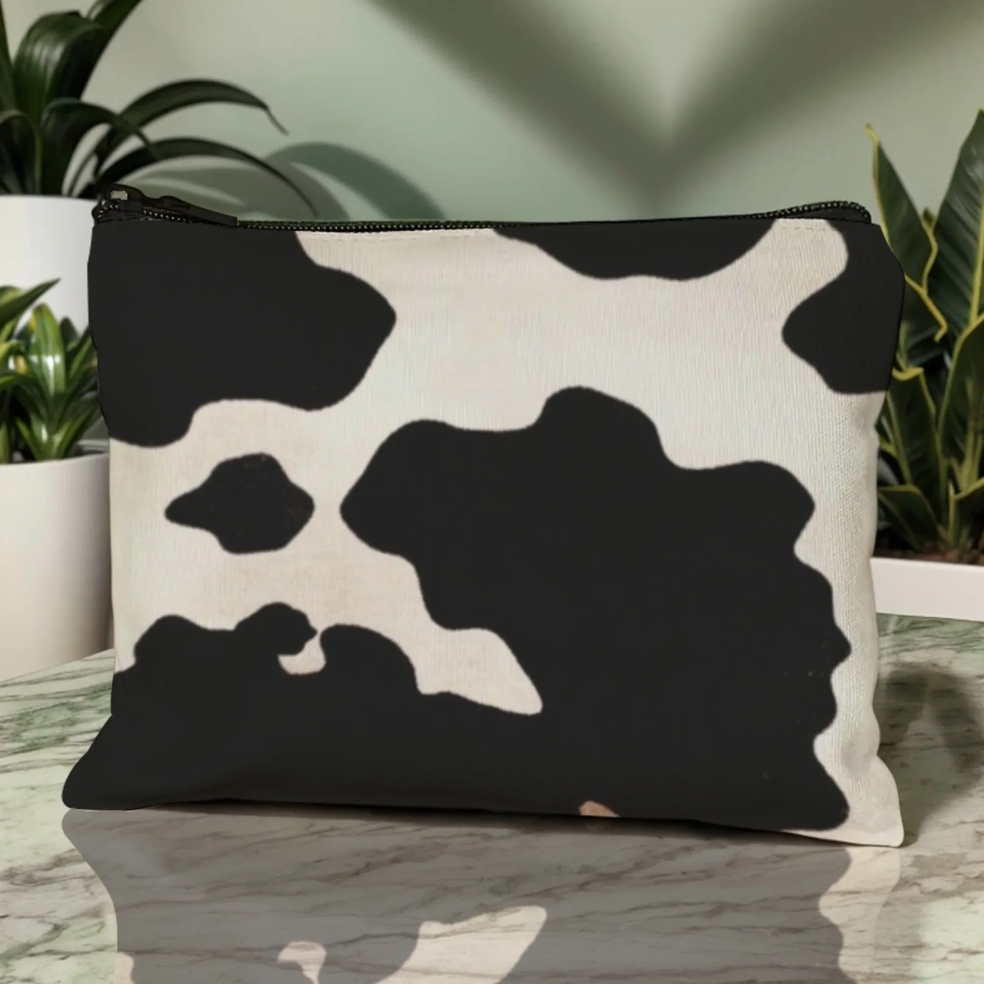 Unisex Black White Cow Print Cosmetic Bag,Lightweight Zipper Pouch Travel Makeup Organizer,Trendy Daily & Trip Essential