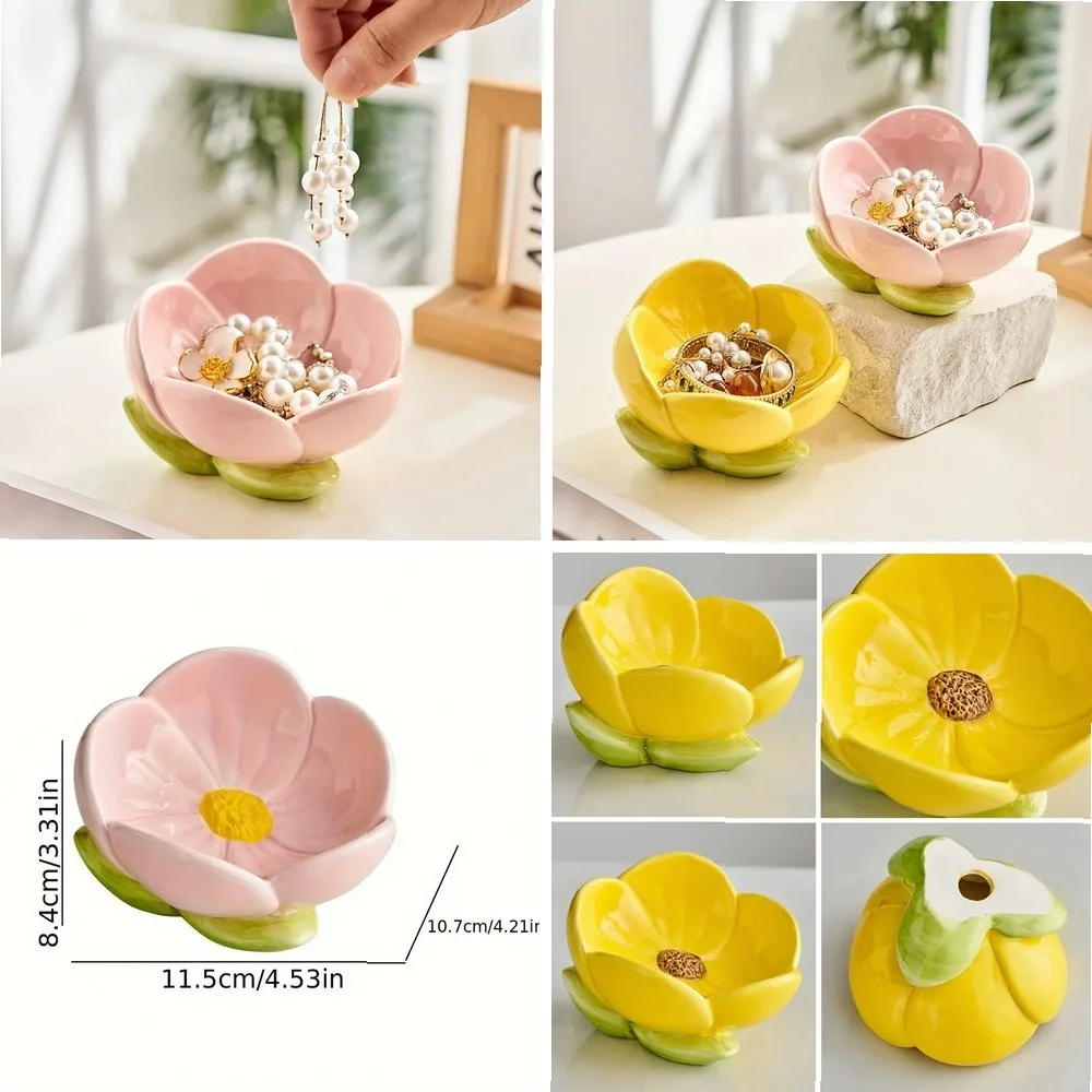 

1pc Pink Tulip Ceramic Storage Tray, Decorative Jewelry Dish & Key Holder for Home Decor, Cute Art Organizer Tray