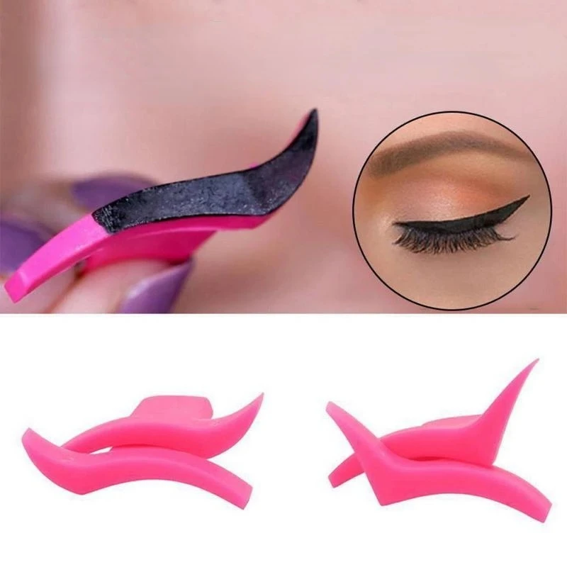 Juego de plantillas de delineador de ojos de silicona rosa con mango de ABS, plantillas hipoalergénicas de delineador de ojos y alas, 2 unidades por juego, venta al por mayor