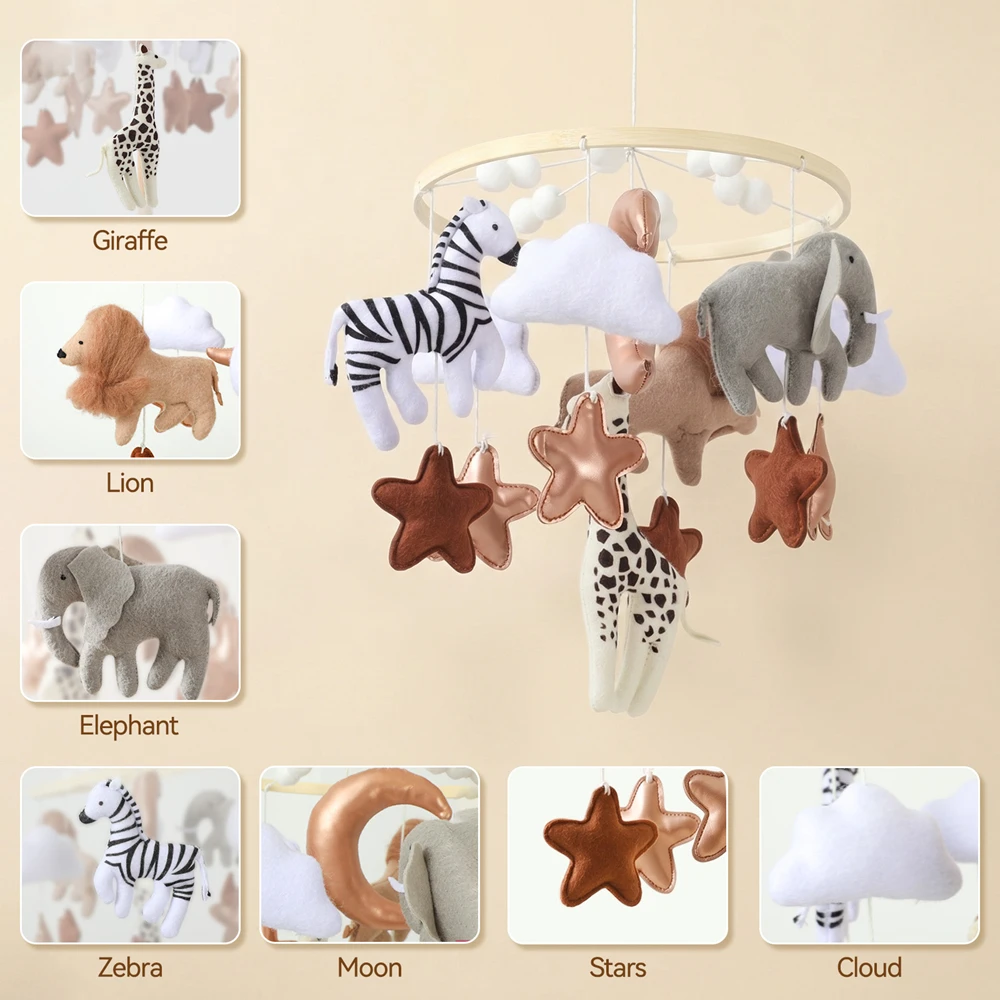 Baby Crib Mobile Felt Animals Built in Bells 360 Degree Rotation Wooden Hanging Toy for Visual Tracking Newborn Baby Toys Gift